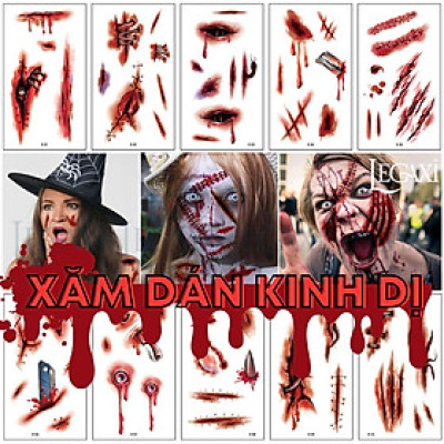 Miếng dán hình xăm kinh dị hóa trang Halloween vết sẹo xước máu giả vết khâu chảy máu vết thương Legaxi