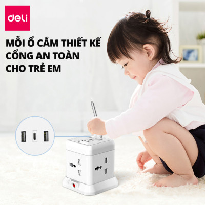 Ổ cắm điện đa năng Deli Công Suất 2500W - Tích Hợp Ổ USB & Type C Thiết Kế Cầu Chì Tự Ngắt Khi Quá Tải, Nắp Chống Giật