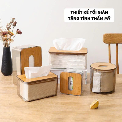 11x11x8.5 Hộp Đựng Giấy Ăn Khăn Giấy Nhựa MiKa Trong Suốt Nắp Gỗ Tre Tự Nhiên Màu Sắc Kiểu Dáng Phong Cách Bắc Âu VUÔNG