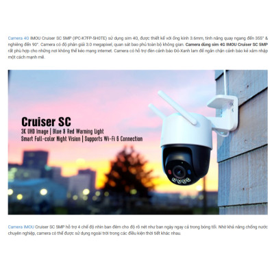 Camera IP IMOU PT Full Color IMOU Cruiser SC IPC-K7FP-5H0TE dùng Sim 4G 5MP (IPC-K7FP-5H0TE), đàm thoại 2 chiều - Hàng chính hãng