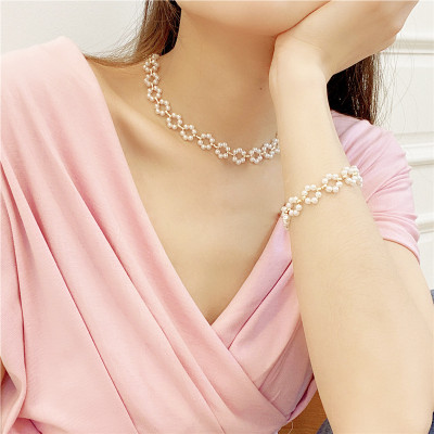 Set dây chuyền và vòng tay lắc tay mix hạt châu hoa nữ tính thanh lịch