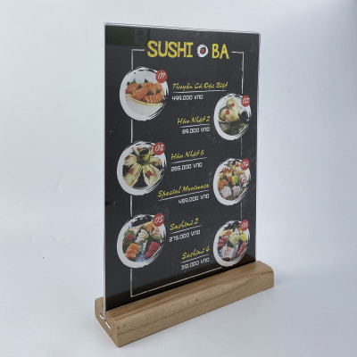 Kệ mica 2 mặt Enter E42 150x210mm đế gỗ A5 đứng, Kệ menu nhà hàng, Standee mica để bàn, Bảng quét mã QR Code