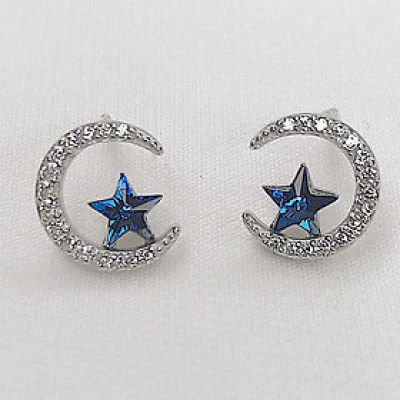 Khuyên tai bạc 925 trăng sao xanh đính đá lấp lánh long lanh nổi bật trẻ trung thanh lịch Dế Bạc - K5359