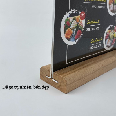 Kệ mica 2 mặt Enter E44 100x150mm đế gỗ A6 đứng, Kệ menu nhà hàng, Standee mica để bàn, Bảng quét mã QR Code