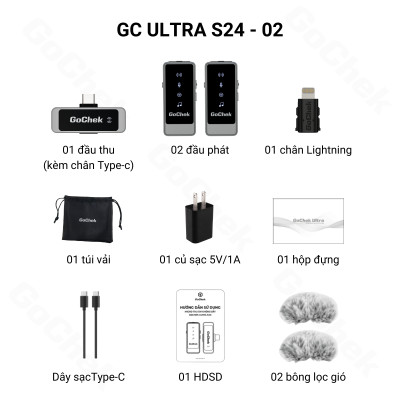 Micro thu âm không dây GoChek Ultra S24, tích hợp 2 chân cắm khi livestream/quay video/ghi âm cho điện thoại/máy tính bảng/PC/Laptop - Hàng chính hãng
