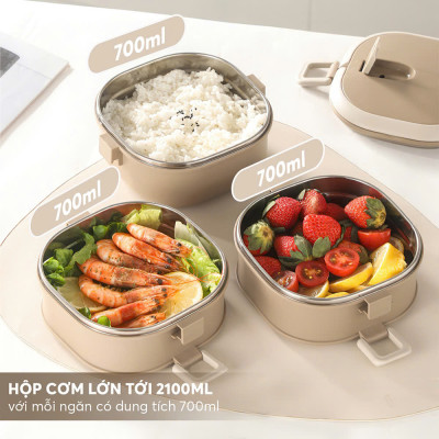 Hộp cơm giữ nhiệt 3 tầng Inox 304 Kalpen AR11 dung tích 2100ml chuẩn Đức - Hàng chính hãng