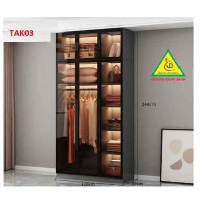 Tủ quần áo gỗ MDF cánh kính cường lực khung nhôm TAK02 - Nội thất lắp ráp Viendong Adv