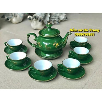 Bộ ấm chén phú quý men rêu vẽ vàng Phúc Lộc Thọ gốm sứ Bát Tràng cao cấp