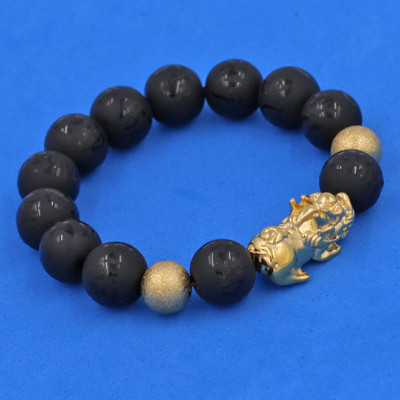 Vòng tay đá Thạch Anh Đen khắc Phật Chú chữ mờ 12 ly - cẩn Tỳ Hưu Phong Thủy inox vàng VTAEPMTHHBV12 - hợp mệnh Thủy, mệnh Mộc