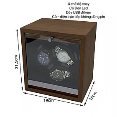 ￼Hộp Đồng Hồ Cơ Xoay Chất Liệu Gỗ Có Mặt Kính Và Đèn Led Dành Cho 3 Chiếc