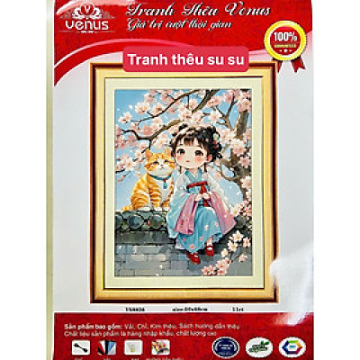 Tranh thêu kín cô gái cùng mèo con vs8826, kt 50 x 68 cm