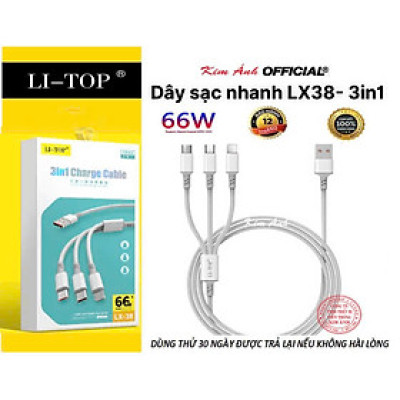 Dây sạc nhanh LI-TOP LX38 3IN1, đa năng 3 chân cắm IOS, MICRO, TYPE C, công suất 66W, Kim Ánh cho dùng thử 30 ngày, bảo hành hàng chính hãng 12 tháng