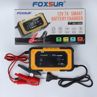 Sạc bình ắc quy Foxsur 7A 12V(4Ah - 140Ah)sạc cho cả pin LiFePO4 tự ngắt khử sunfat chống ngược cực chống chập