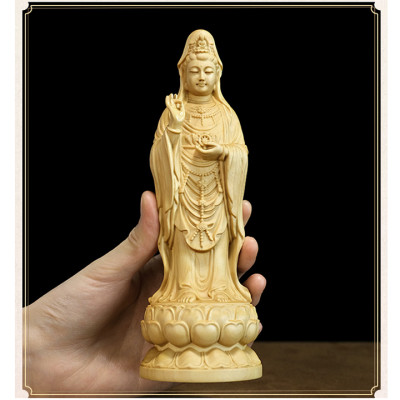 Tượng Phật Quan Âm Như Ý đứng bằng gỗ Hoàng Dương MSPC210 (cao 21 cm)