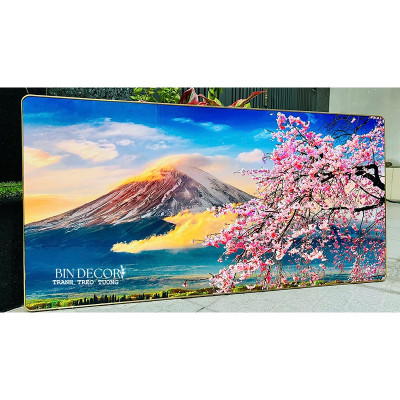 (ẢNH CHỤP) Tranh treo tường tráng gương núi phú sĩ và cành hoa uv mặt mica sáng bóng