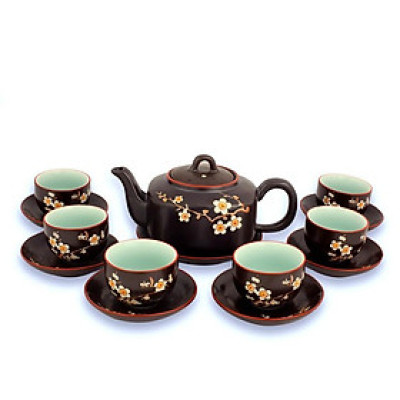 Bộ ấm chén dáng vuông men nâu vẽ đào S5