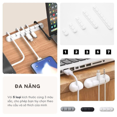 Kẹp cố định dây cáp, dây tai nghe, dây mạng, dây sạc... giúp gọn không gian 5 rãnh Màu ĐEN - Hàng chính hãng