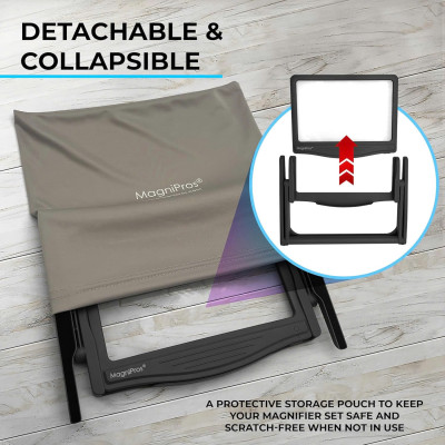 Kính lúp đọc sách cỡ lớn cao cấp Magnipros 1820BK+ST+FBA (5X, có đèn led 3 chế độ màu vô cấp để giảm mỏi mắt, có khung đỡ)