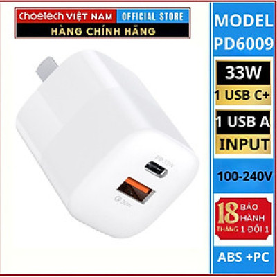 Củ sạc CHOETECH PD5006 nhanh 33w 2 cổng 1 USB A+ 1 TYPE C  (Hàng chính hãng)
