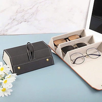 Hộp đựng mắt kính 3 ngăn da Pu gấp gọn, hộp đựng kính mắt nhiều ngăn