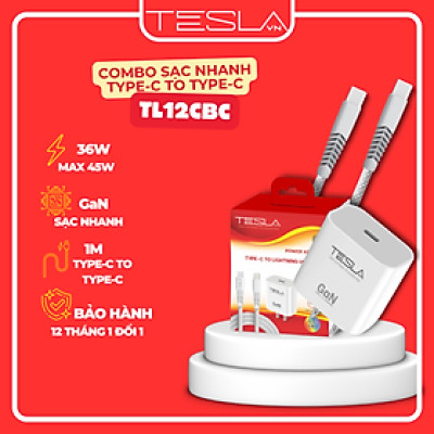 Combo sạc nhanh hàng chính hãng TESLA TL12CBC 36W GaN USB-C (C to C) | Bảo hành 12 tháng 1 đổi 1 | Made in Việt Nam
