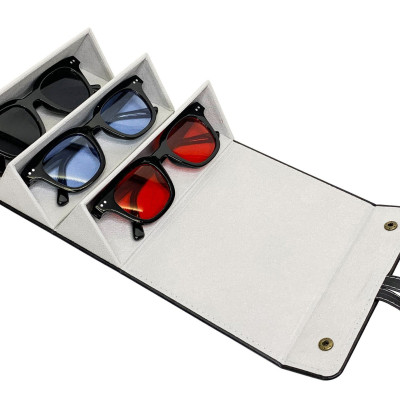 Hộp Đựng Mắt Kính 3 Ngăn Da Pu Gấp Gọn Cuộn Tròn Tiện Dụng