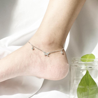 Lắc chân bạc 925 butterfly treo tiny đính pha lê xinh xắn dễ thương Dế Bạc – LC4392