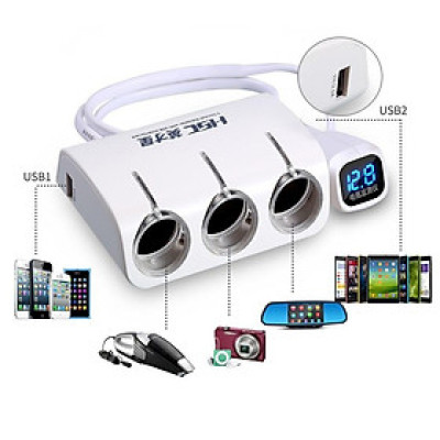 Chia tẩu Ô tô 1 ra 3 công suất 120W có cổng sạc USB và báo điện áp