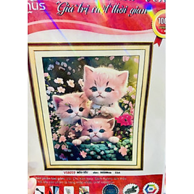 Tranh thêu kín mèo dễ thương vs8059, kích thước 50 x 68 cm