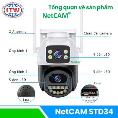 Camera Ngoài Trời NetCAM STD34, Quay Quét 360 độ, có Ống Kính Kép với Độ phân giải Siêu Nét 6MP - Hàng Chính Hãng