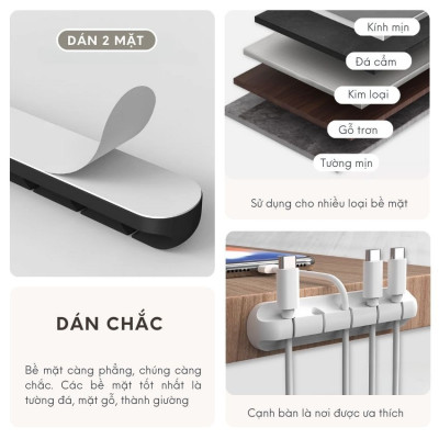 Kẹp cố định dây cáp, dây tai nghe, dây mạng, dây sạc... giúp gọn không gian 5 rãnh Màu ĐEN - Hàng chính hãng