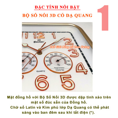 Đồng Hồ Treo Tường Cao Cấp KIM TRÔI EASTAR SỐ NỔI 3D có DẠ QUANG và NHIỆT ẨM KẾ CƠ (Không Dùng Pin) - Hình Vuông Mặt Đen - Tặng Pin AA - Bảo Hành 1 Năm