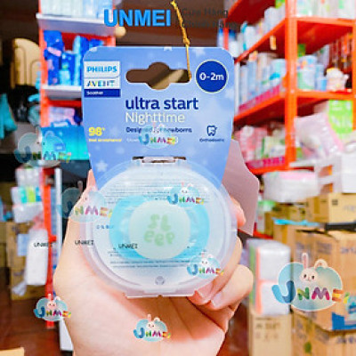 Núm Ti Ngậnh ban đêm Philips Avent Ultra Start, dành cho trẻ sơ sinh, phát sáng trong bóng tối, núm vú giả bằng silicon đối xứng, không chứa BPA, có hộp đựng/tiệt trùng Vỉ Đơn