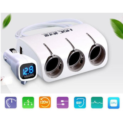Chia tẩu Ô tô 1 ra 3 công suất 120W có cổng sạc USB và báo điện áp