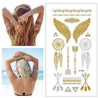 Xăm nhũ cánh thiên thần, mũi tên, vòng dreamcatcher, hoa vintage tatoo tạm thời henna Legaxi