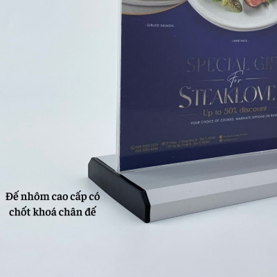 Kệ menu nhà hàng, Standee mica để bàn, Bảng quét mã QR Code, Kệ mica 2 mặt Enter E29 210x300mm đế nhôm A4 đứng