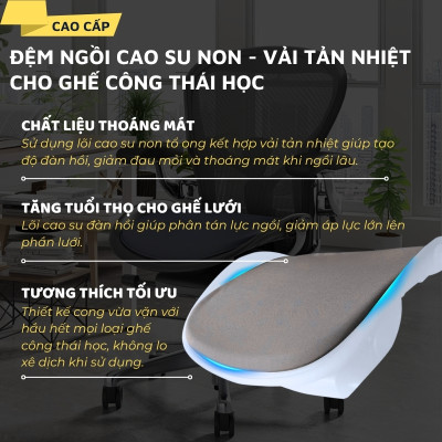 Đệm ngồi cao su non tổ ong và vải tản nhiệt DandiHome cho ghế công thái học