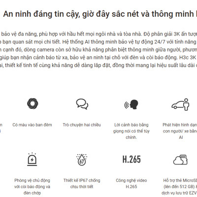 Camera Wifi EZVIZ H3C 5MP 3K  Có Màu Ban Đêm, Đèn Cảnh Báo - Hàng Chính Hãng