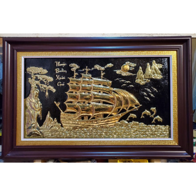 THUẬN BUỒM XUỐI GIÓ- THUYỀN VÀNG RA KHƠI, TRANH ĐỒNG VÀNG LIỀN TẤM MẠ VÀNG 24K