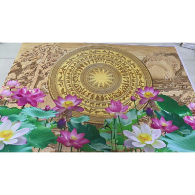 (HCM)Tranh dán tường 3d hoa sen trống đồng trang trí phòng khách, nhà hàng, khách sạn có sẵn keo