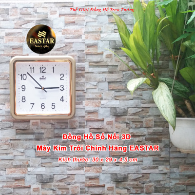 Đồng Hồ Treo Tường KIM TRÔI EASTAR Cao Cấp Mặt Vuông, Viền kim tuyến, Số nổi Ánh kim - Tặng Pin Maxell - BH 1 Năm - Decor Trang Trí Nhà 