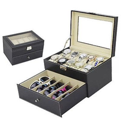 Hộp 2 Tầng Đựng Đồng Hồ Và Mắt Kính SAIKE SAIKE S555 Vỏ Da Màu Đen