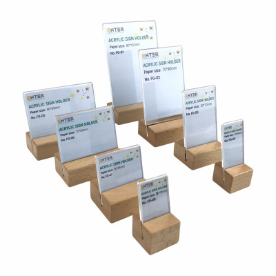 Kệ mica 1 mặt đế gỗ Enter FG-02 70x90mm, Kệ thông tin sản phẩm, Standee mica để bàn, Bảng quét mã QR Code