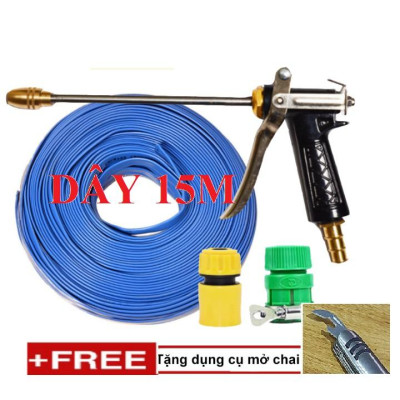Bộ dây vòi xịt nước rửa xe, tưới cây . tăng áp 3 lần, loại 15m 206318 đầu đồng,cút+tặng mở chai