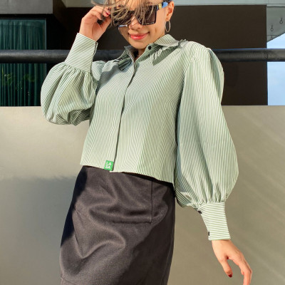 LAAS Somi tay phòng sọc xanh dịu dàng thanh lịch nữ tính