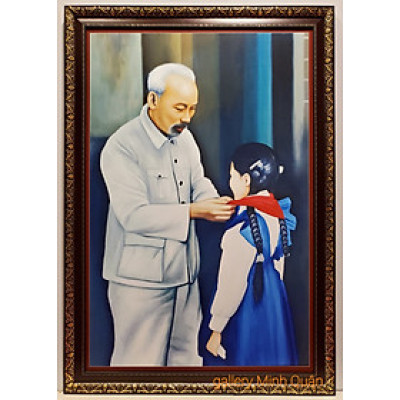 TRANH IN DẦU CAO CẤP-BÁC HỒ QUÀNG KHĂN ĐỎ CHO THIẾU NHI