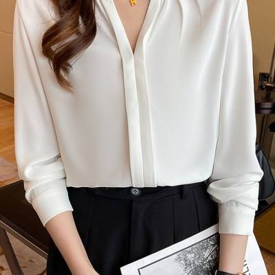 Sơ mi cổ tàu vải mịn đẹp, Sơ mi trắng công sở nữ form rộng mã 08