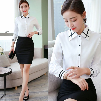 Áo sơ mi nữ trắng, áo sơ mi nữ công sở kiểu dáng basic, phối hạo tiết đen ở cổ và tay làm điểm nhấn HB147