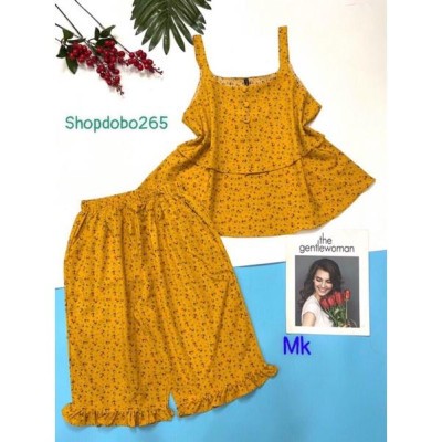Bộ ngủ 2 dây,đồ bộ mặc nhà nữ lửng tầng vải lụa BL 56 hoạ tiết hoa nhí dễ thương size 47-60kg.