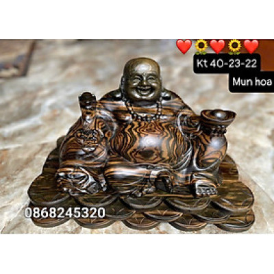 Tượng phật di lặc dâng thỏi vàng để bàn bằng gỗ mun hoa kt 40×23×22cm 